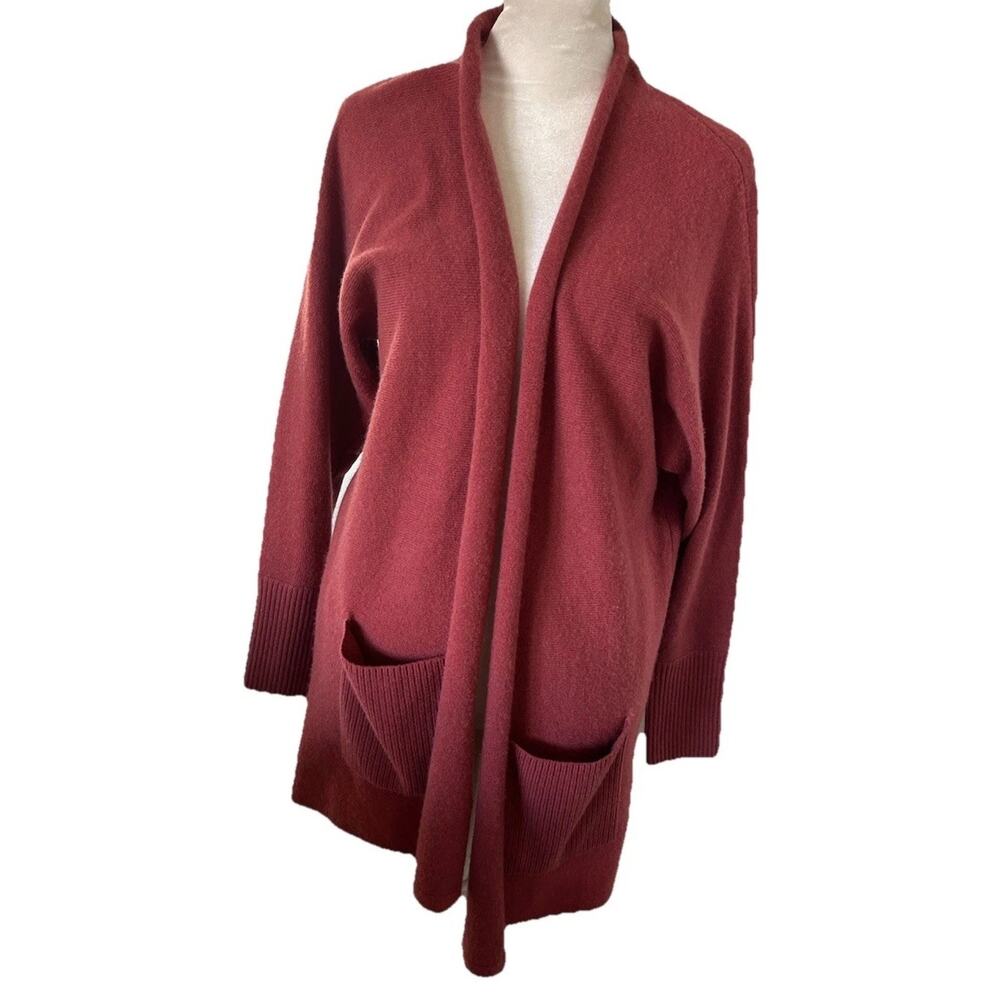 Tahari 100% Cashmere Cardigan Sweater Womens XS Red Open Front Rust Pockets